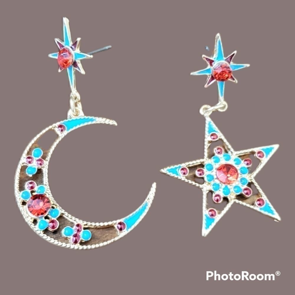 STAR & MOON Assemetrical rhinestone earrings lunar celestial